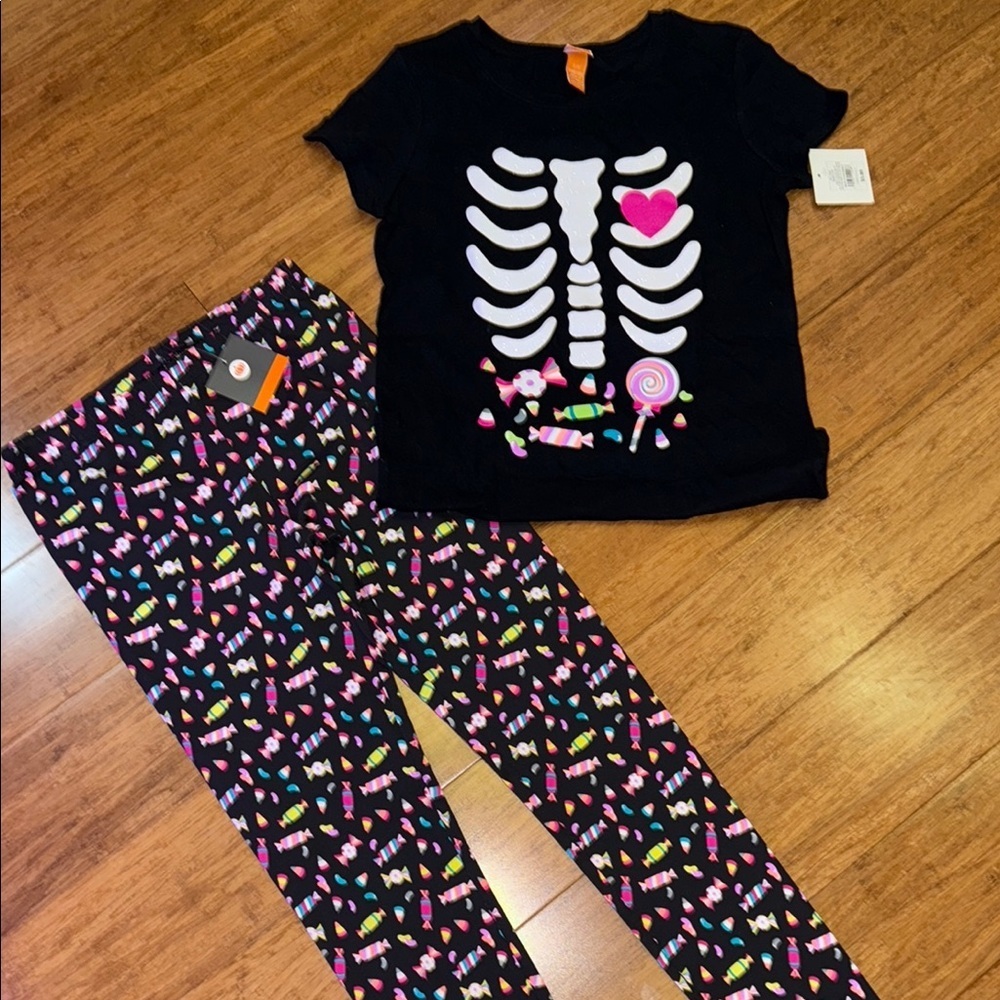 Girls Halloween outfit includes skeleton T-shirt and candy leggings L(10-12) NWT